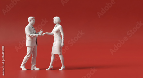  Minimalist White Plaster Business People Sculpture, a man and woman Interacting on Red Plaster Background with Copy Space