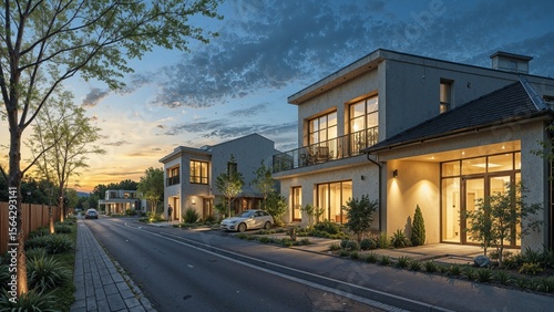 Modern luxury villa neighborhood at sunset, contemporary residential street with elegant houses, upscale suburban architecture at dusk