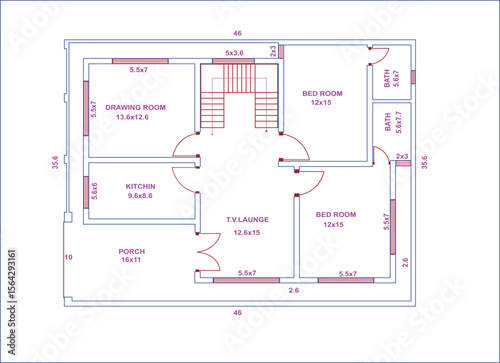 Vector architectural floor plan layout with labeled rooms and dimensions, including kitchen, bedrooms, drawing room, and veranda for house design projects" 