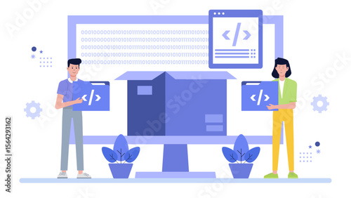Two programmers holding code files near a large computer screen, perfect for technology, programming, IT, teamwork, and software development projects.