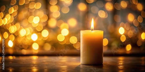 A burning candle with soft yellow flame against a blurred bokeh background of a dimly lit room