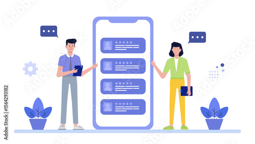 Two people checking positive customer reviews on large phone, suitable for marketing, digital content, reviews, online feedback concept design.