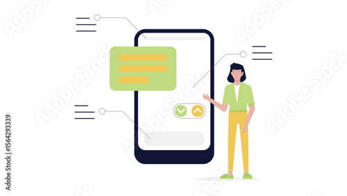 Woman demonstrates app interface design; suitable for tech presentations, digital marketing materials, app development concepts, and web design content.