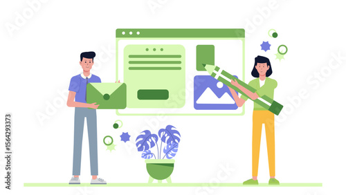 Two people collaborate on a webpage, holding an envelope and a pencil. Suitable for web design, collaboration, digital marketing concepts.