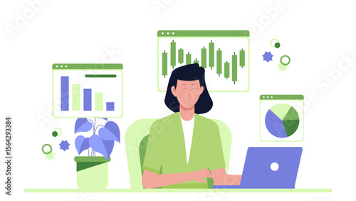 Title Woman analyzing data on her laptop. Great for business presentations, technology articles, online courses, and educational materials.