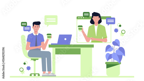 Virtual meeting with coworkers sipping coffee; suitable for presentations, website graphics, and social media posts promoting teamwork and collaboration.