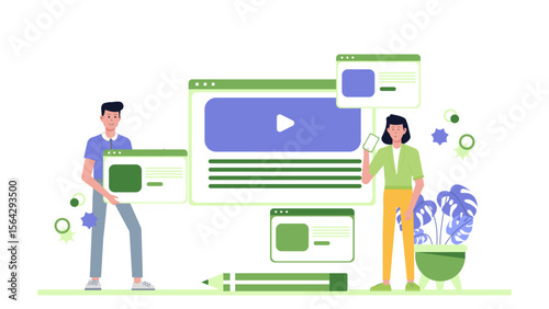 Two individuals working on web design using laptops and mobile phones. Suitable for technology, teamwork, and digital communication concepts.