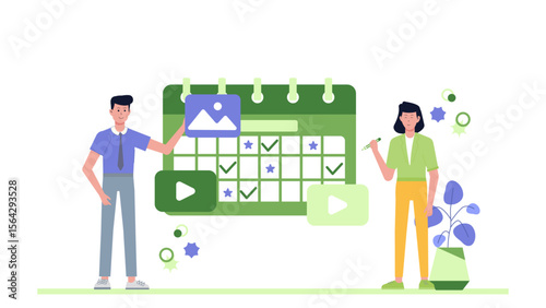 Two people managing content on a large calendar, perfect for business planning, project scheduling, time management concepts, and teamwork.