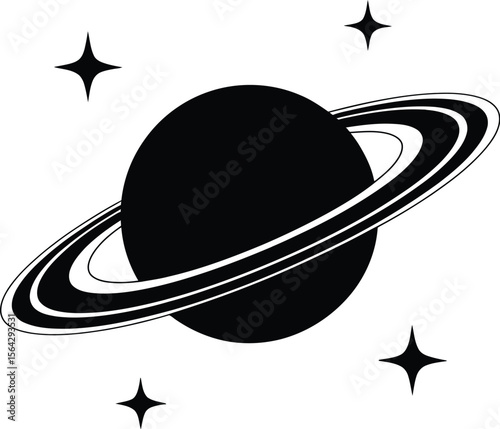Stylized black silhouette of a ringed planet with four sparkling stars isolated on a vector illustration