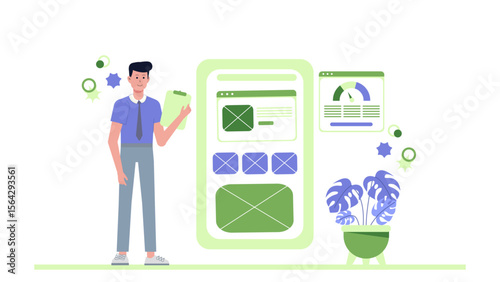 Man designing a website near a plant. Suitable for web design, graphic design, technology, creating websites, coding, digital marketing, and business concepts.