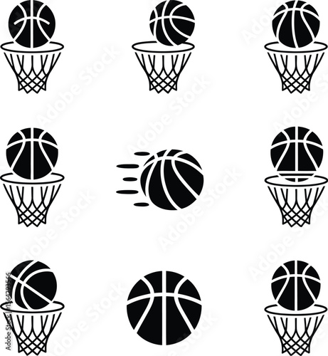 Collection of nine basketball icons showing ball in net vector illustration