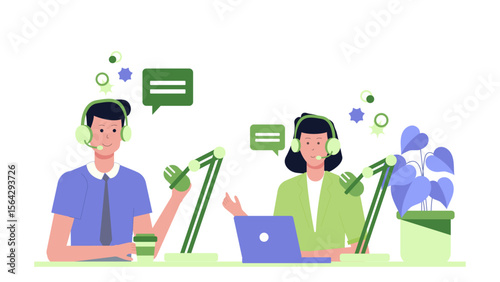 Two customer service agents work efficiently at desks with headsets and microphones. Ideal for representing call centers or remote teams.