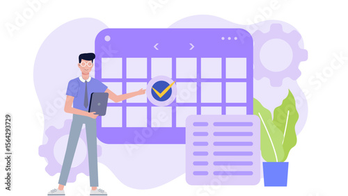 Man organizing his schedule on a digital calendar, suitable for technology or productivity related concepts, time management, organizing, business.