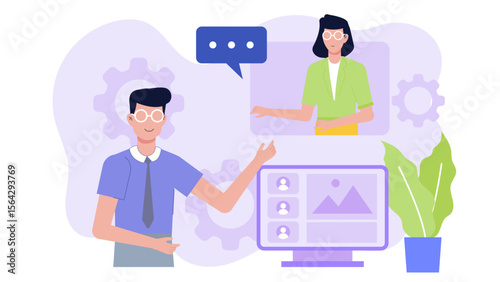 Man video conferencing with a woman. Great for promoting remote work, virtual meetings, online communication, telecommuting, and video conferencing services.