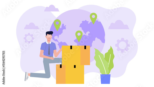 Man behind the scenes handles international package deliveries beside a factory. Perfect for logistics, supply chain, global shipping concepts.