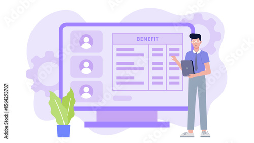 Man displaying employee benefits on a large screen. Suitable for HR presentations, business reports, and HR related marketing materials.