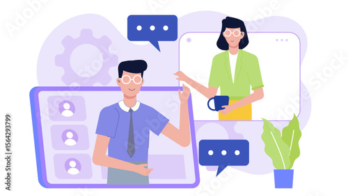 Two people having a virtual meeting on laptops, perfect for illustrating remote work, business communication, technology, and online meetings.