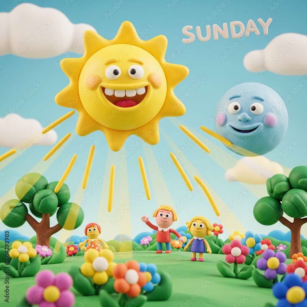 Obraz premium Claymation sunday with smiling sun & moon