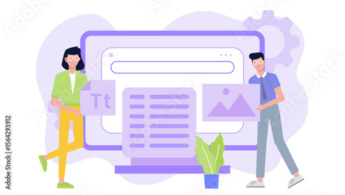Two people work together on website content creation, including text and images. Suitable for digital marketing and teamwork illustrations.