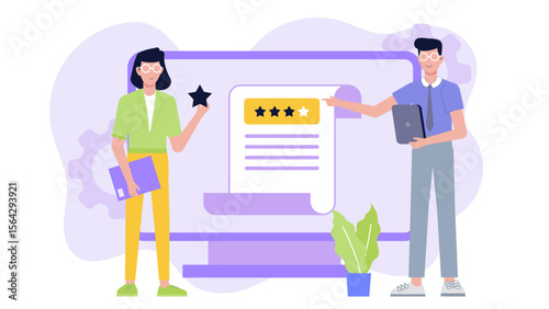 Two colleagues reviewing a five star rating on a computer screen; suitable for business, technology, teamwork concepts, presentations, and reviews.