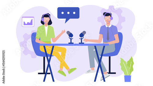 Two podcasters at work with microphones, ideal for illustrating podcasting, broadcasting, recording, hosting, communication, technology, teamwork, and media content.