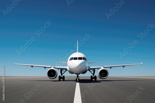 White airplane front view on tarmac under clear blue sky aircraft commercial airliner