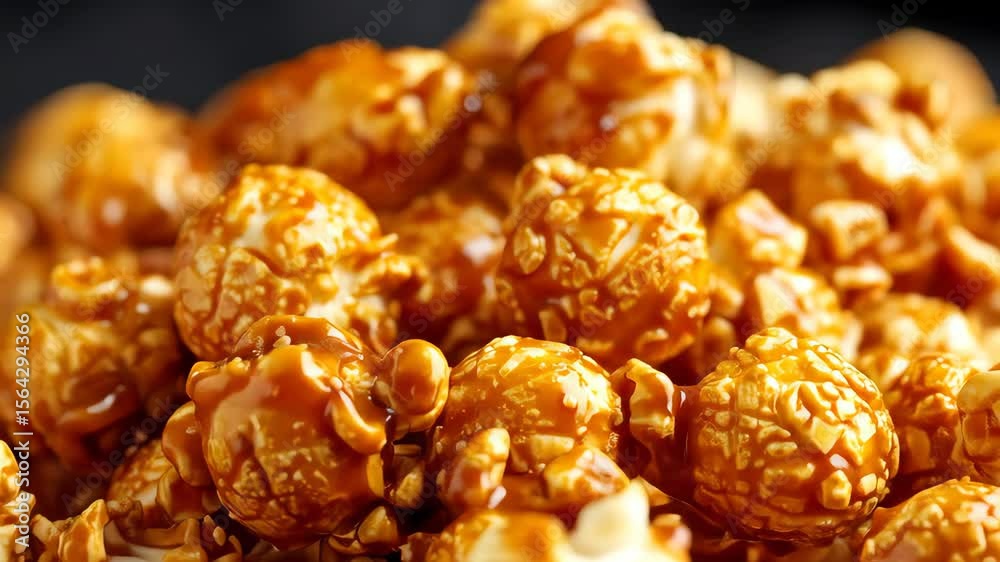Sweet caramel popcorn glistens against a dark background perfect for snacking delicious treat