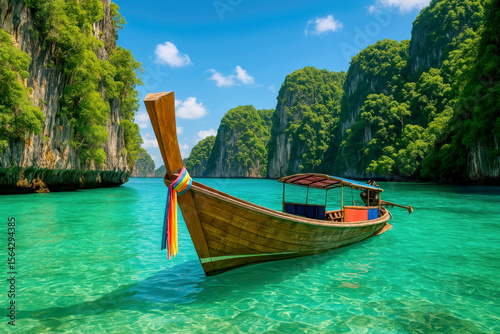 Wooden longtail boat floating in turquoise water near lush green cliffs under a blue sky
