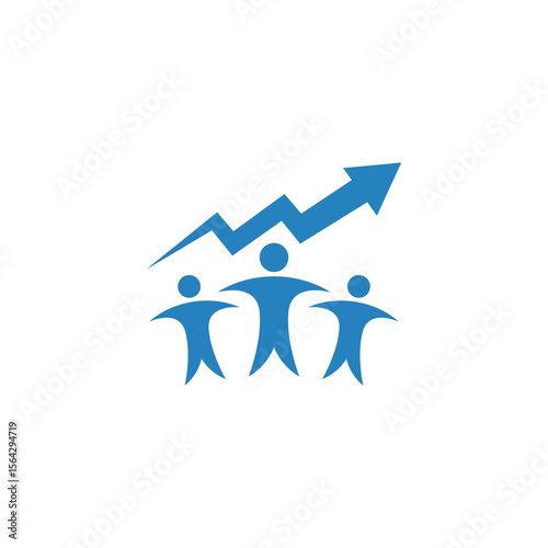 Teamwork propelling upward growth, symbolized by three figures and an ascending arrow.