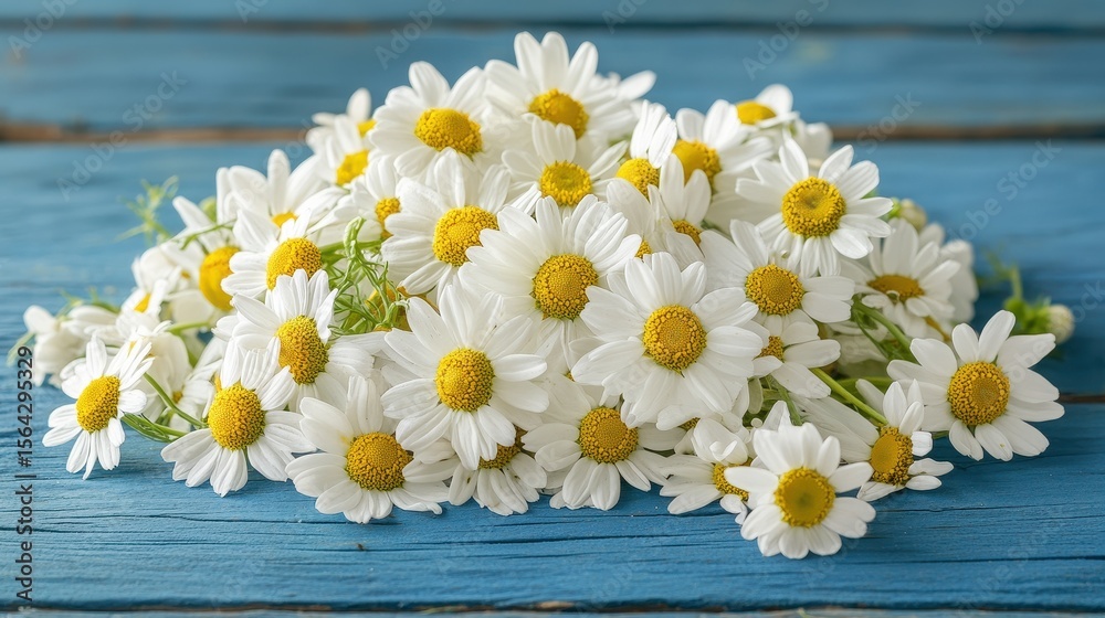 Obraz premium Close-up of daisy flowers with white petals and yellow centers on a blue wood surface. Use this cheerful image to portray spring, summer, joy, or a fresh new beginning.