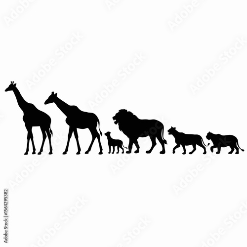 Silhouettes of various African savanna animals—including giraffe, antelope, lion, rhinoceros, and others—lined up in a row on a white background, showcasing wildlife diversity in bold black shapes.

