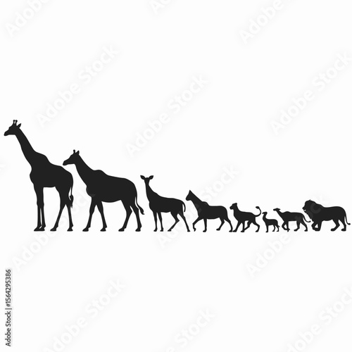 Silhouettes of various African savanna animals—including giraffe, antelope, lion, rhinoceros, and others—lined up in a row on a white background, showcasing wildlife diversity in bold black shapes.

