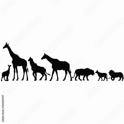 Silhouettes of various African savanna animals—including giraffe, antelope, lion, rhinoceros, and others—lined up in a row on a white background, showcasing wildlife diversity in bold black shapes.

