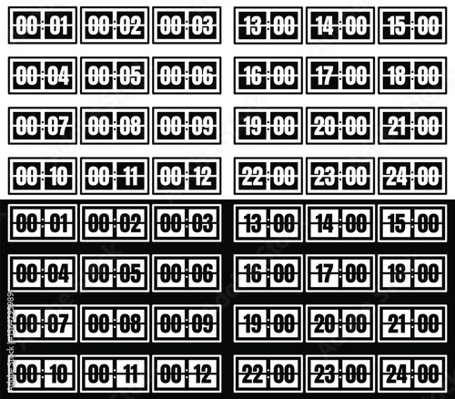 24 Hour Digital Clock Icon Set - Black White Vector Flip Clock Design