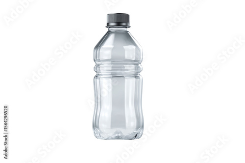 A clear plastic bottle with a black cap