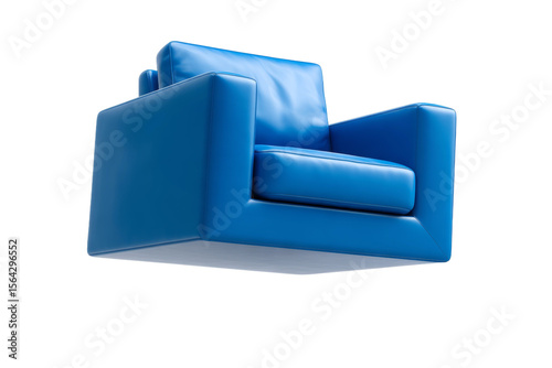 A blue leather chair is floating in midair