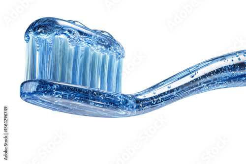 A toothbrush with blue bristles is shown with a blue toothpaste