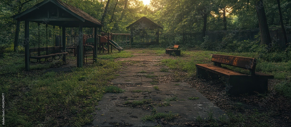 Obraz premium Overgrown playground with benches and play structures in a sunlit forest.