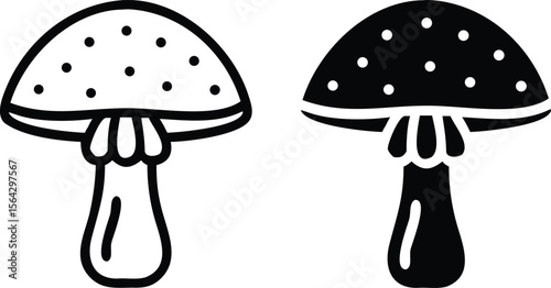 Mushroom Icon Set – Black and White Toadstool Fungi Vector Illustration for Nature and Fantasy Themes