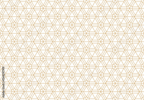 Seamless pattern presents an intricate geometric design with golden lines forming a repeating network of hexagons and octagons, creating subtle background.
