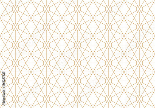 Seamless pattern with complex and intricate geometric tessellation of golden lines, interconnected hexagon shapes on white background.