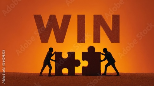 Teamwork Puzzle - WIN: Silhouetted business partners fit puzzle pieces together to complete the word WIN, symbolizing teamwork and success in the warm glow of accomplishment.