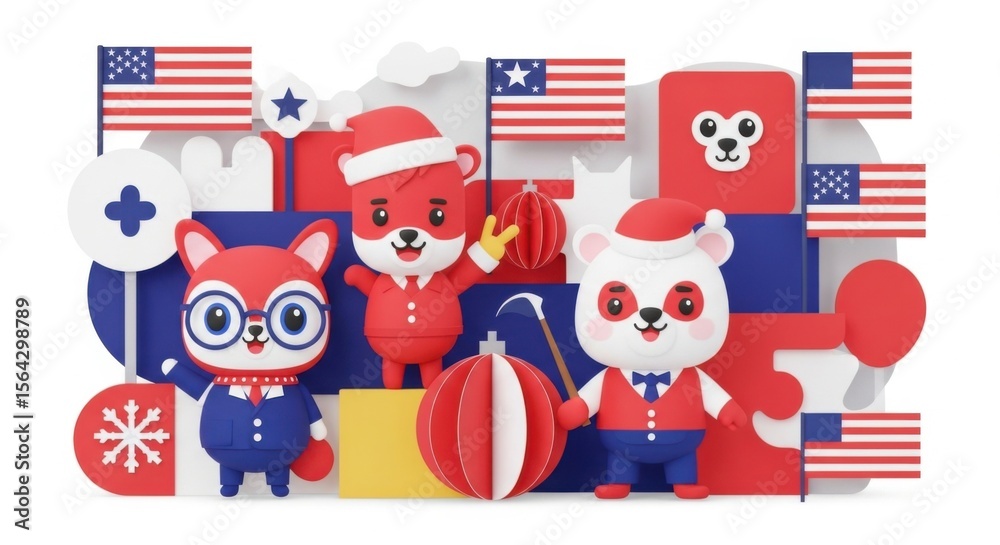 Fototapeta premium Celebrating Independence Day with Festive Animal Friends and Patriotic Decorations