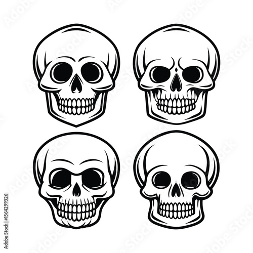 Black and White Skull Illustration Bundle — Human, Ram, Bull, Bird, Alien Skulls in Monochrome Line Art
