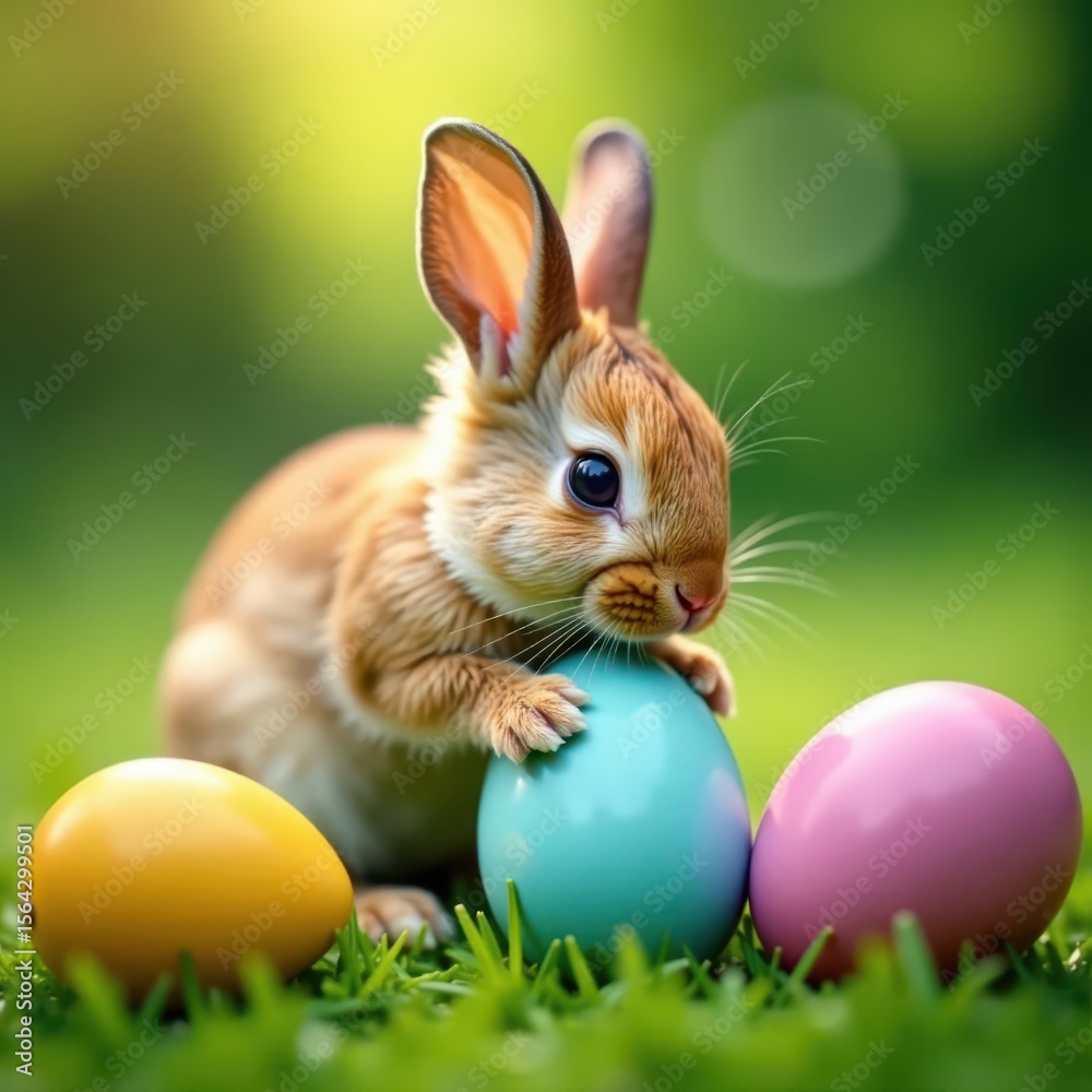 Fototapeta premium A tiny bunny nibbles a colorful egg amongst others , close-up, stock photo