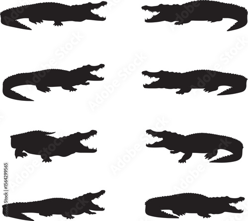 Collection of diverse crocodile silhouettes in various poses and actions