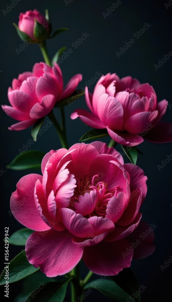 Fototapeta premium Deep pink peonies, baroque swirls, dark backdrop Ample copy space , illustration, border, swirls