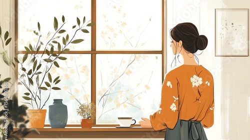 Woman enjoying coffee by a window in a clean home interior with natural light, simple and calming