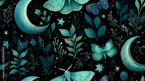 Fototapeta Naklejka Na Ścianę i Meble -  watercolor pattern with large teal crescent moons, generation AI 
