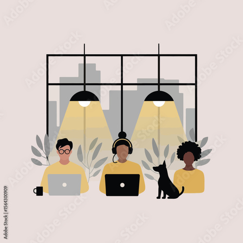 Diverse Team Laptop Work Yellow Cityscape Lights Plants Dog people computers 2